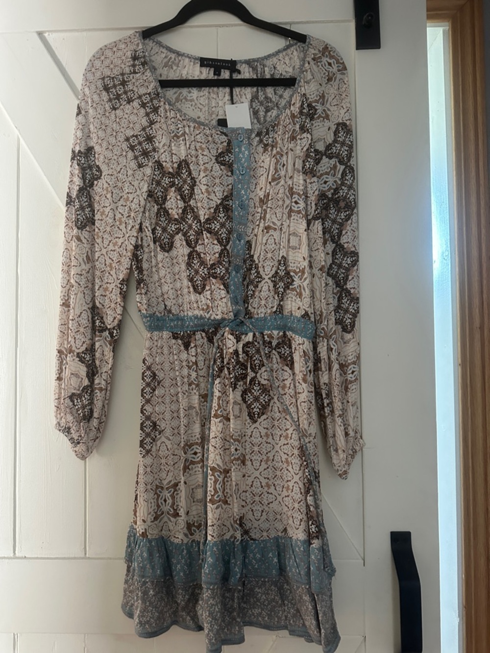 Boho Long Sleeve Tiered Dress in Cream, Brown & Teal by